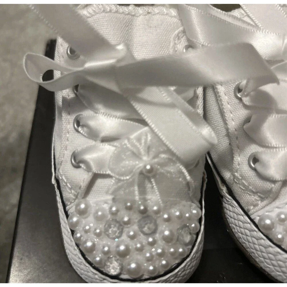 Converse Cribster Mid Size 2 Crib Custom Pearl Rhinestone Baby White Shoes